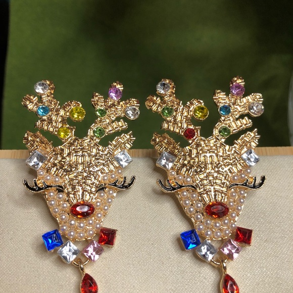 Reindeer Earrings Gold Crystals Stud Post Rudolph New - Picture 2 of 7